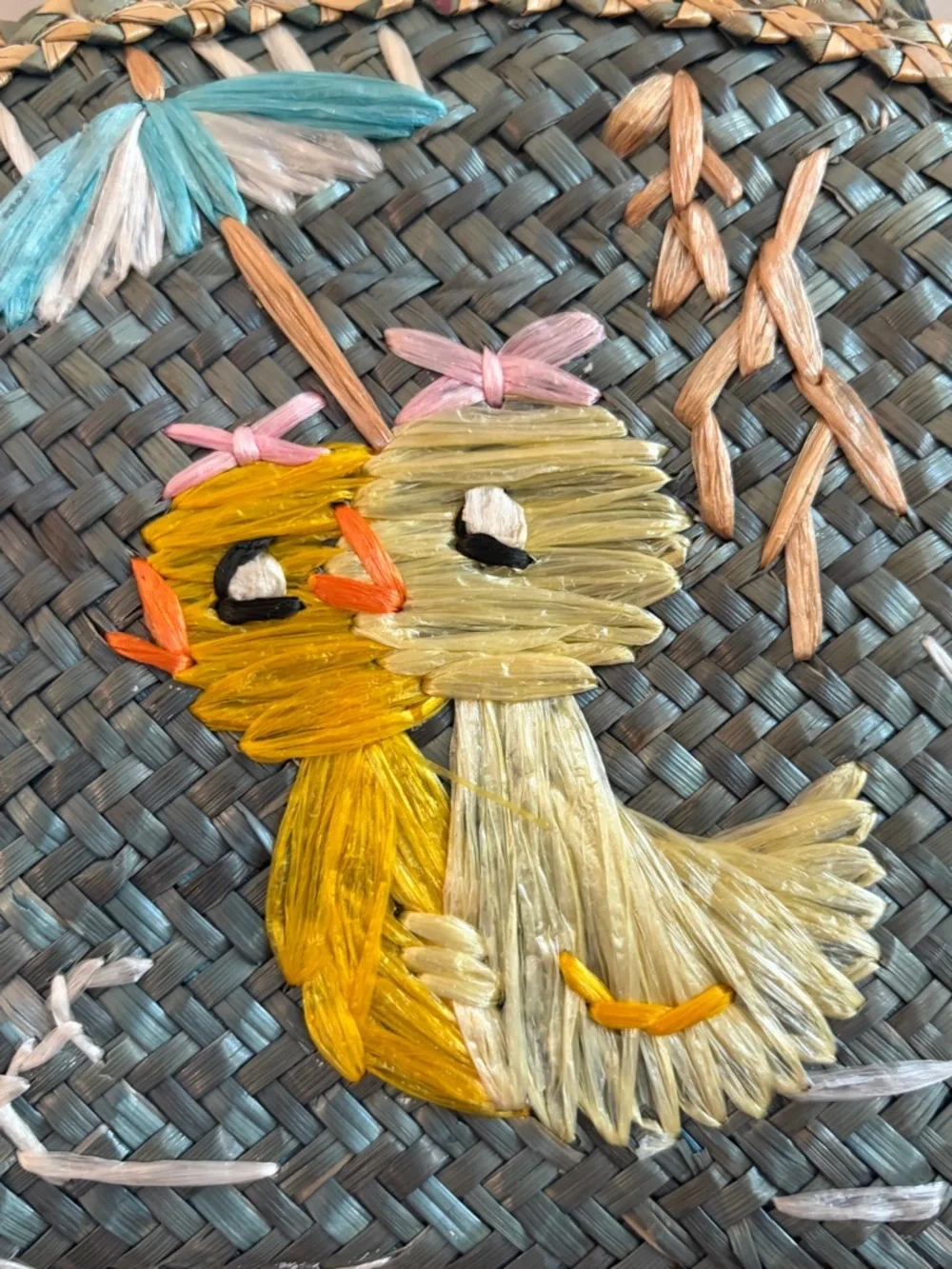 Vintage 1960s / 1970s Woven Straw Raffia Duckling Ducks with Umbrella Mini Purse - Picture 2 of 11